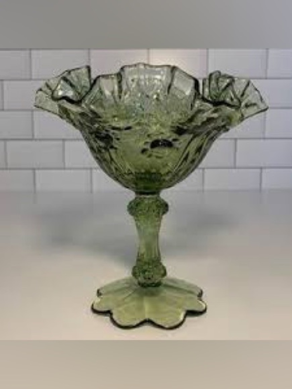 🩷 Vintage Fenton Ruffle Candy Pedestal Dish/Jar/Bowl, Green